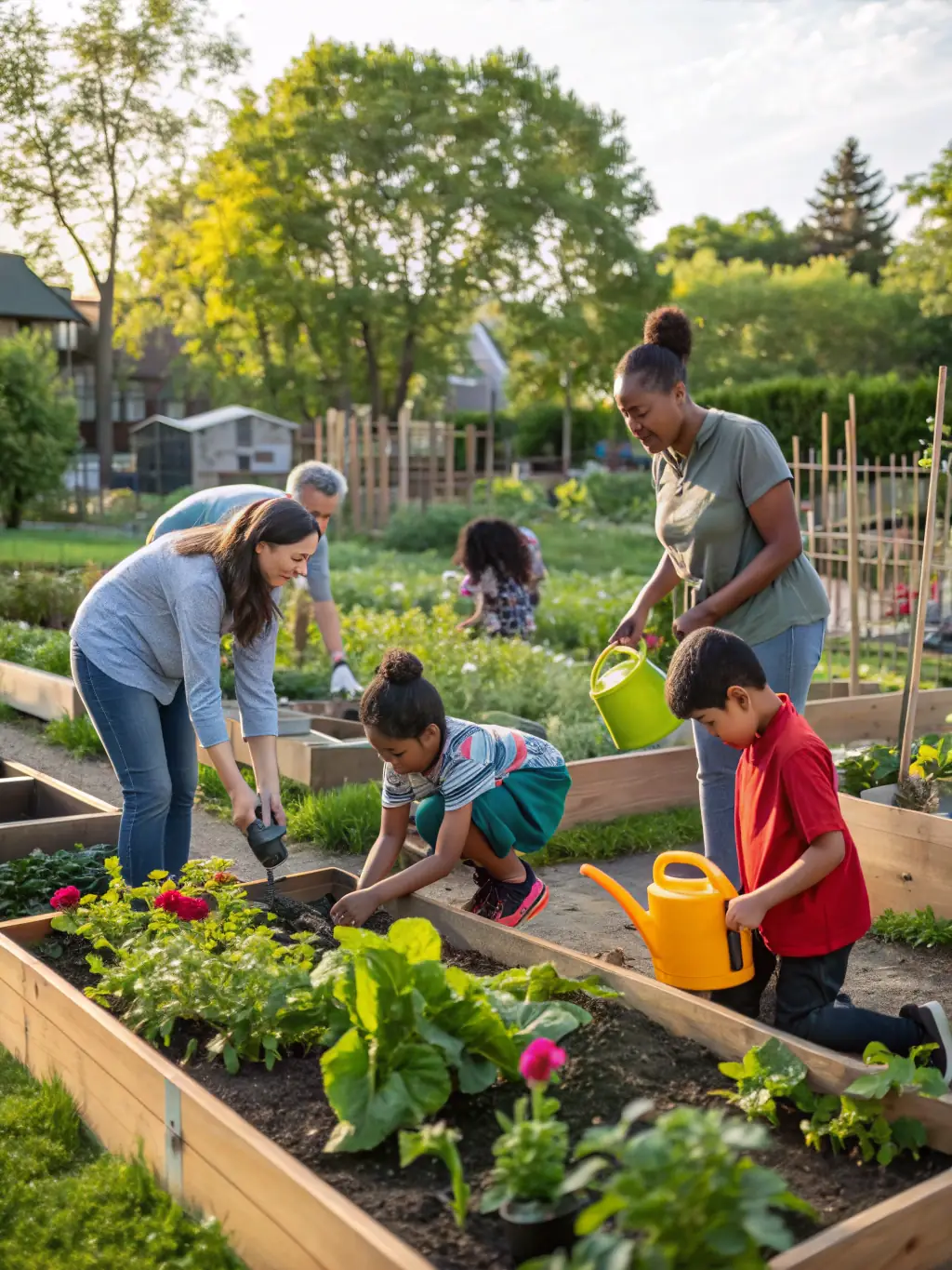 A photograph of children and adults enjoying a community garden at ASSOCIATION DE LA MAISON MALADIERE, emphasizing sustainable living and community collaboration.