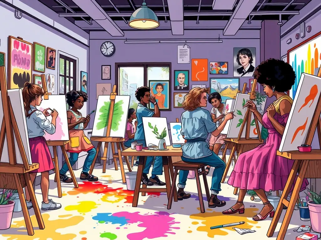 A vibrant photo showcasing participants of all ages engaged in an art workshop at ASSOCIATION DE LA MAISON MALADIERE, with colorful artwork displayed in the background.