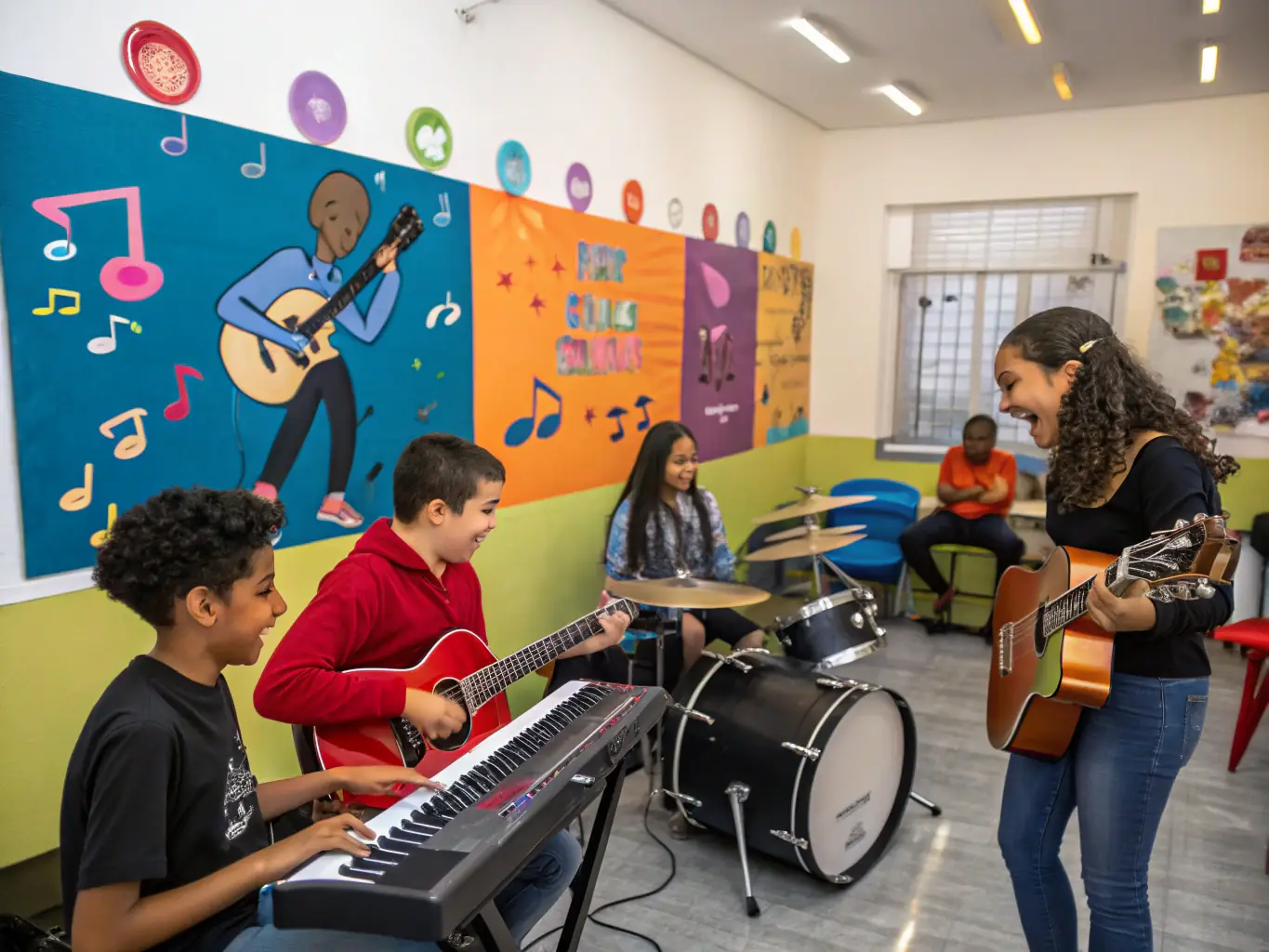 A dynamic image capturing a music class in session at ASSOCIATION DE LA MAISON MALADIERE, featuring people playing various instruments and a teacher guiding them.