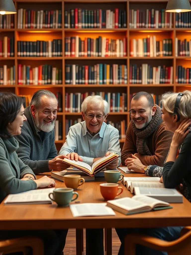 A group of seniors engaged in a lively discussion during a book club meeting at ASSOCIATION DE LA MAISON MALADIERE, sharing their thoughts and insights.