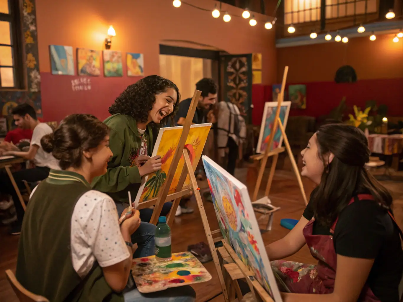 A photograph capturing a vibrant art workshop in session, with diverse participants of all ages engaging in painting and creative expression, reflecting the inclusive nature of ASSOCIATION DE LA MAISON MALADIERE's cultural programs.