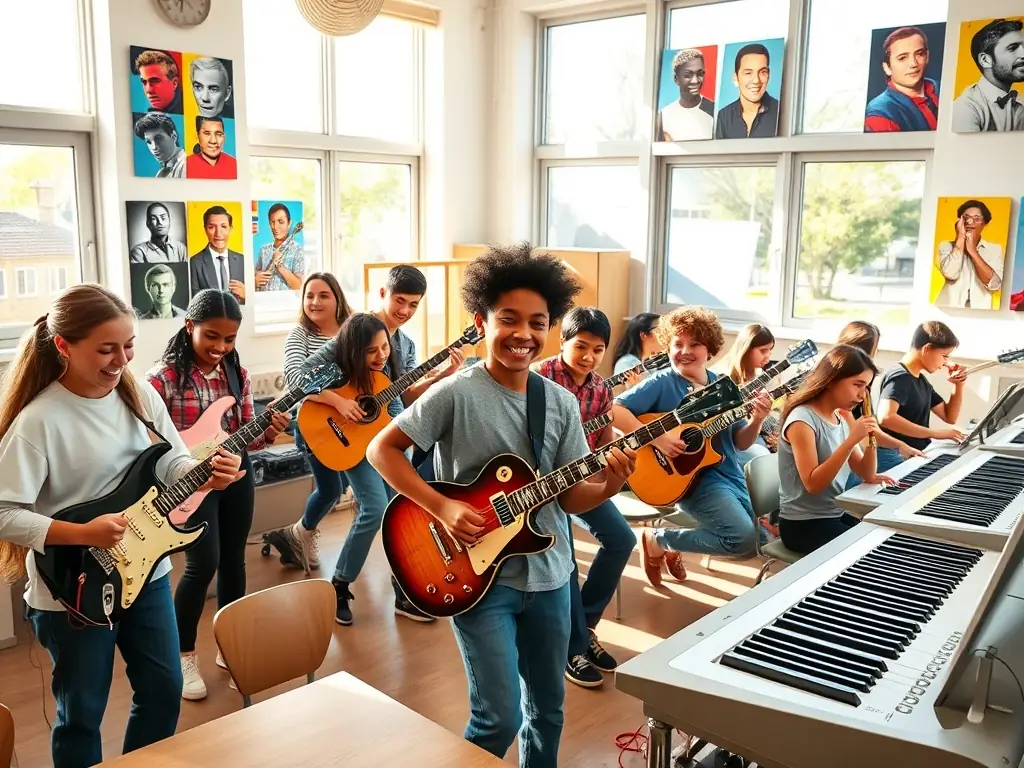 A dynamic image of a music class, showing people of different ages learning to play instruments together, highlighting the intergenerational aspect of ASSOCIATION DE LA MAISON MALADIERE's programs.