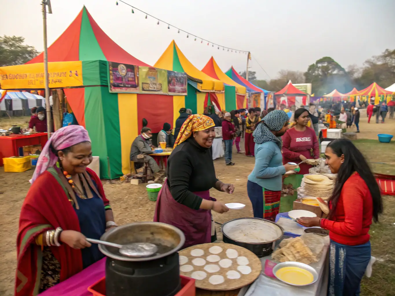 A lively photograph of a cultural festival organized by ASSOCIATION DE LA MAISON MALADIERE, showing diverse performances, food stalls, and smiling faces in a public square.