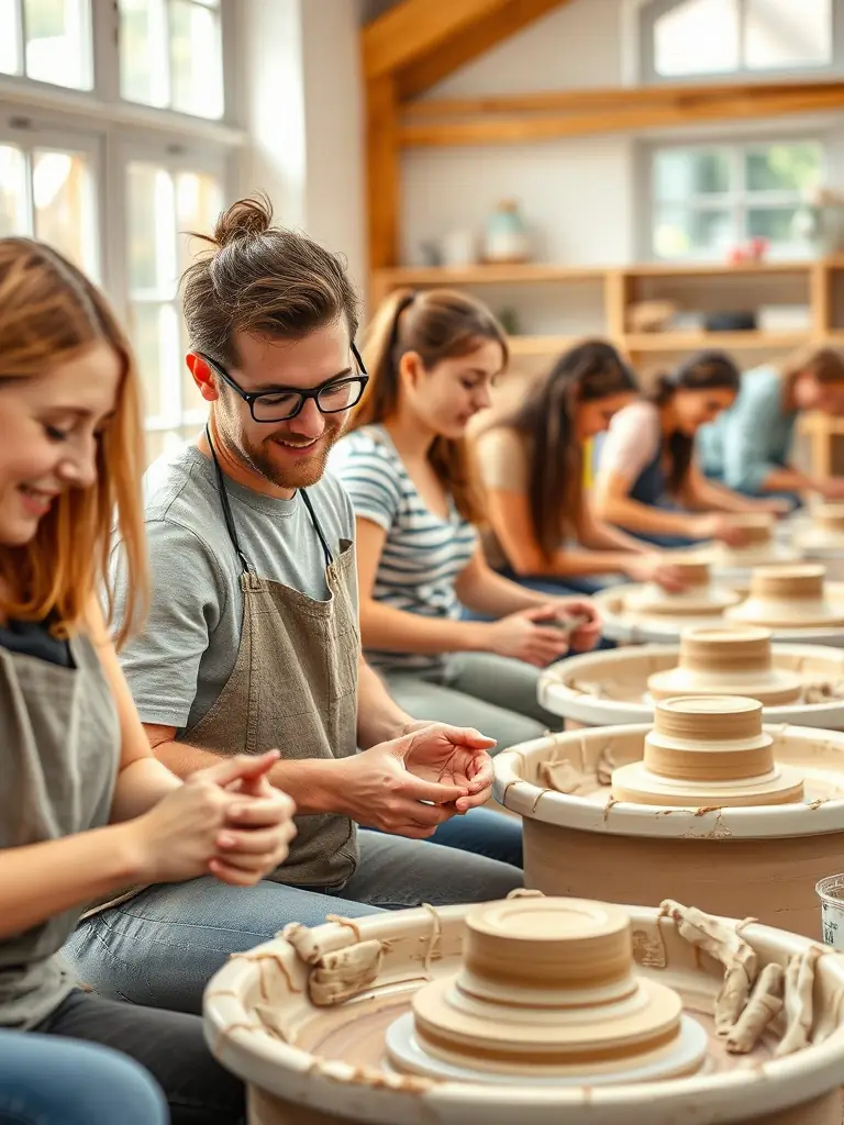 A group of diverse community members participating in a pottery workshop at ASSOCIATION DE LA MAISON MALADIERE, showcasing creativity and community engagement.
