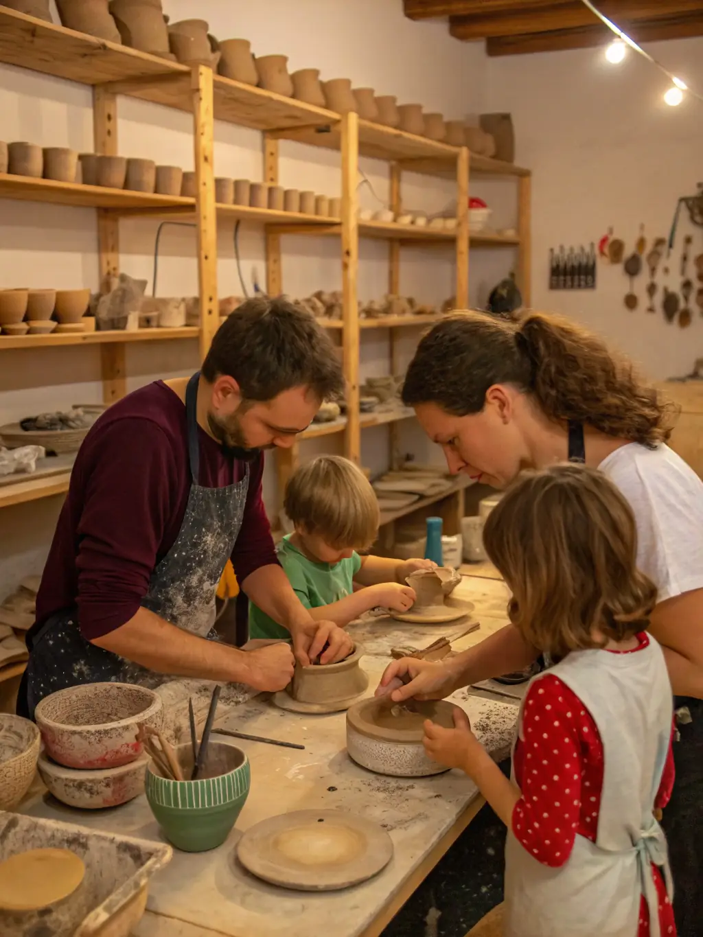 A group of diverse community members participating in a pottery workshop at ASSOCIATION DE LA MAISON MALADIERE, showcasing creative expression and skill-building.