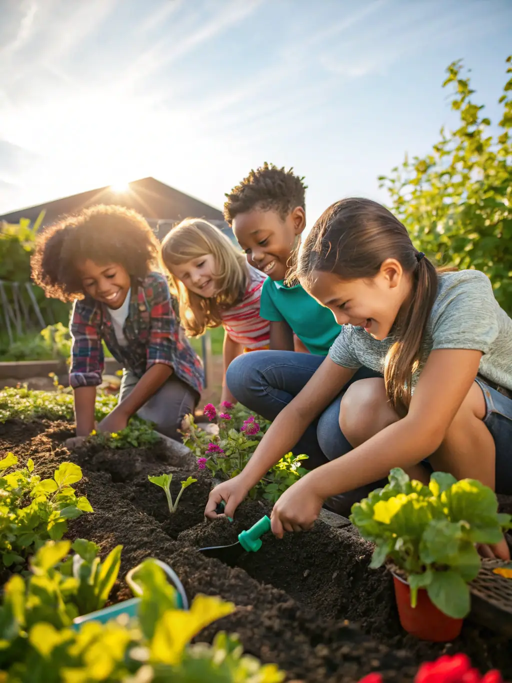 Children and adults participating in a community gardening project at ASSOCIATION DE LA MAISON MALADIERE, planting vegetables and flowers together.